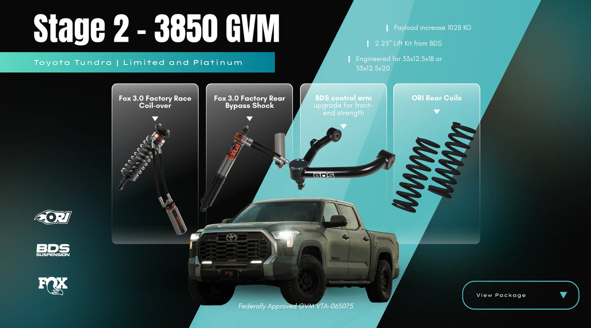 ORI Stage 2 GVM Upgrade Package – Toyota Tundra (2022+ | 3850 KG GVM | FOX 3.0 Performance Elite | BDS UCAs | ORI Coils 300–500 KG)