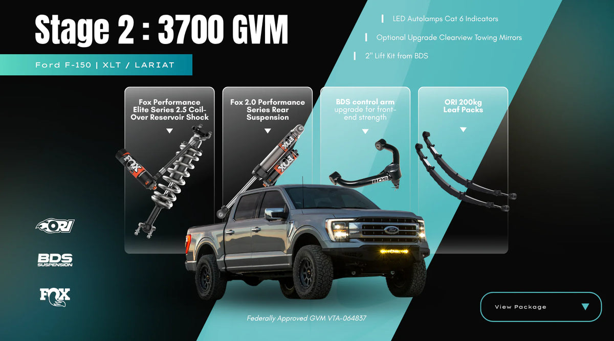 ORI Stage 2 GVM Upgrade Package – Ford F-150 (3700 KG GVM | FOX Performance Elite | BDS UCAs | ORI Leaf Packs)