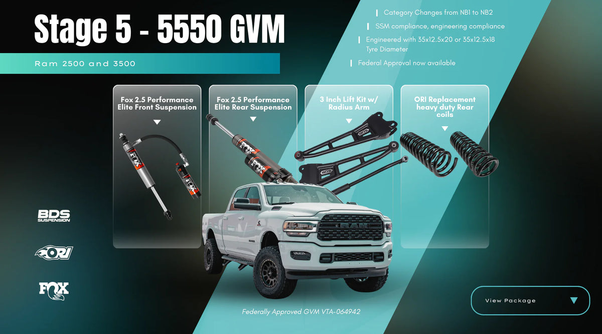 ORI Stage 5 RAM 2500 GVM Upgrade – 5550 KG GVM (Fox 2.5 Performance Elite | BDS 3” Radius Arm Kit | SSM Approved)