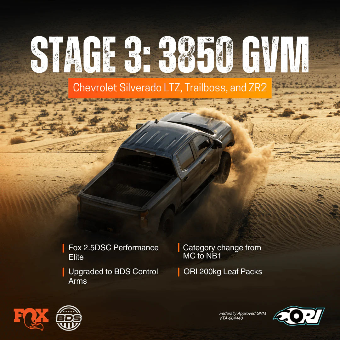 ORI Stage 3 GVM Upgrade Package – Chevrolet Silverado 1500 LTZ & ZR2 (3850 KG GVM | FOX 2.5 Remote Res Adjustable | BDS UCAs | ORI Leaf Pack | SSM Approved)