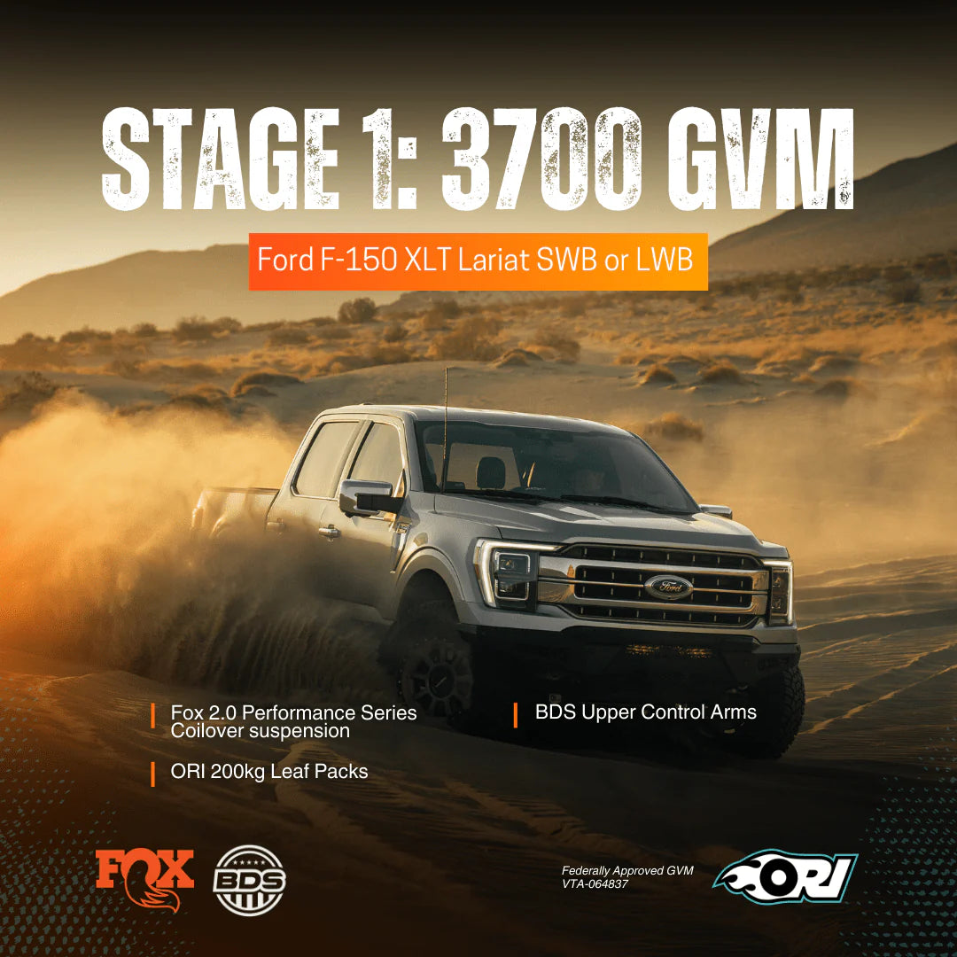 ORI Stage 1 GVM Upgrade Package – Ford F-150 (2021–2025 | 3700 KG GVM | FOX 2.0 Performance | BDS UCAs | ORI Leaf Packs)