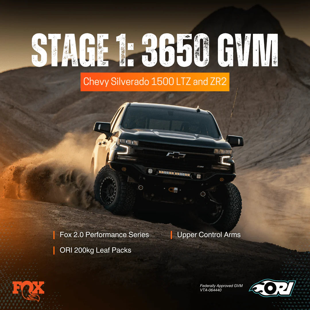 ORI Stage 1 GVM Upgrade Package – Chevrolet Silverado 1500 LTZ & ZR2 (3650 KG GVM | FOX 2.5 Performance Series | BDS UCAs | ORI Leaf Pack | SSM Approved)